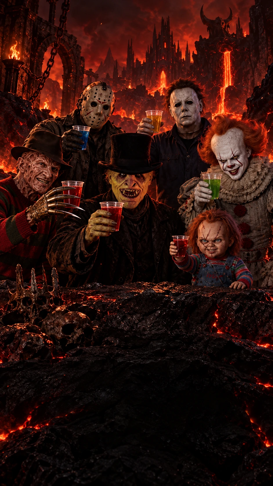 Los personajes de Caja Negra brindan con el demonio de Inferno entre fuego y roca volcánica